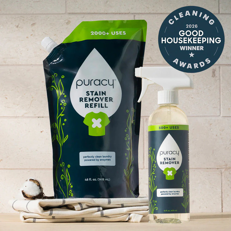 Puracy unscented laundry stain remover bottle showing effective stain removal for travel and everyday laundry.