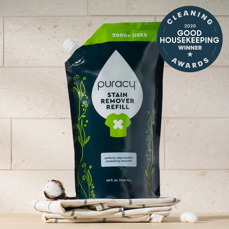 Puracy unscented laundry stain remover bottle, showing product label and applicator tip, designed for removing tough stains from clothes.