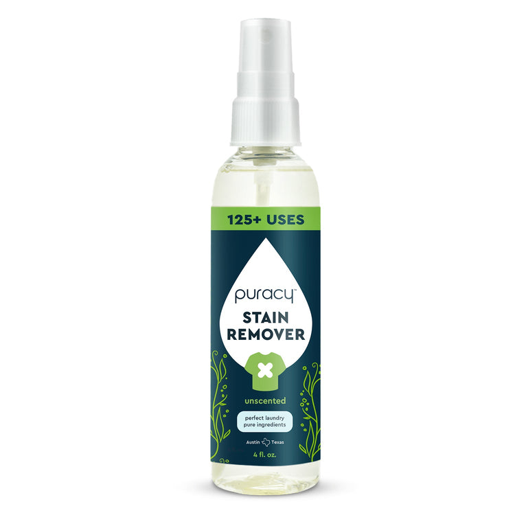Puracy unscented laundry stain remover bottle, effective stain remover for laundry, close-up of product with label visible.