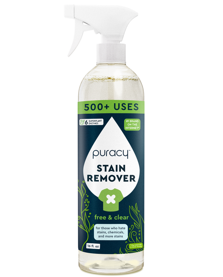 Puracy unscented laundry stain remover bottle, designed to treat tough stains on clothing in a travel-sized container.