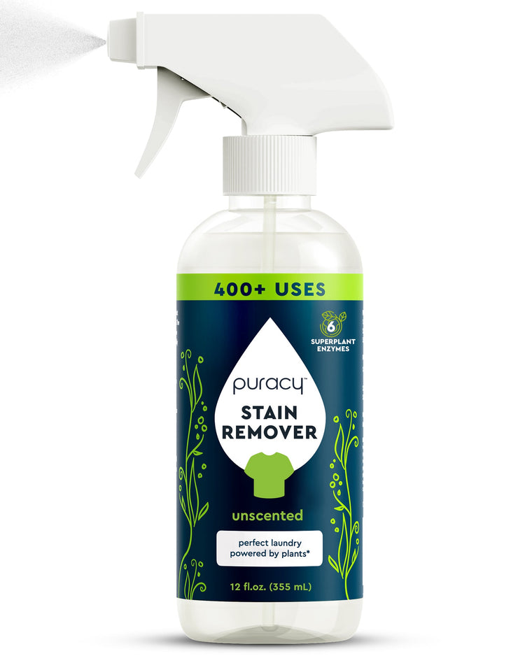 Puracy unscented laundry stain remover bottle, highlighting stain removal for travel and delicate fabrics.