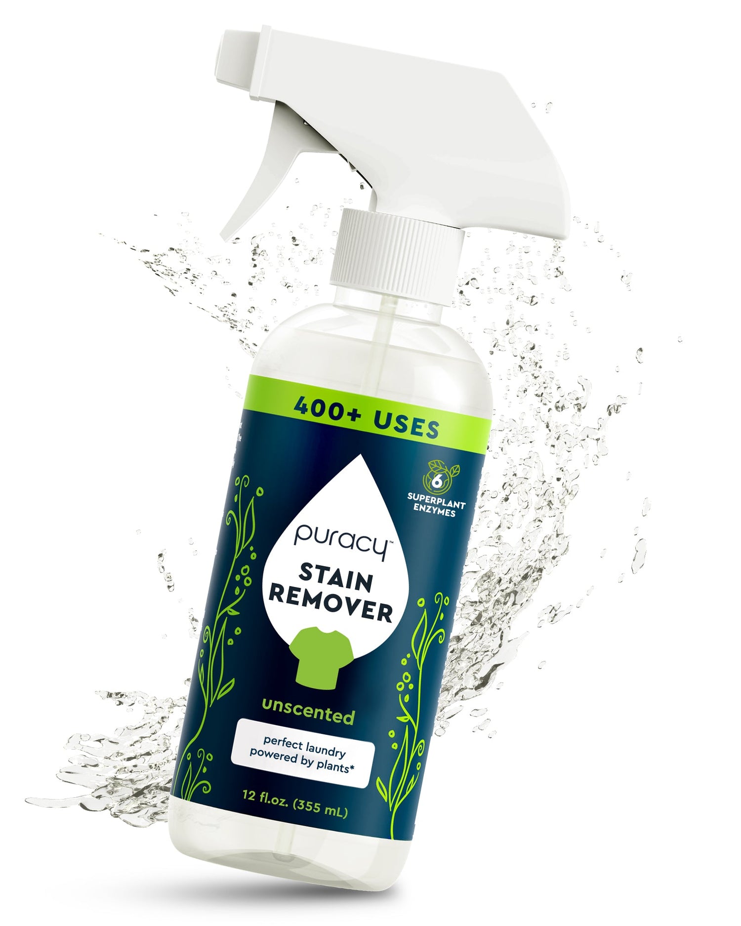 Puracy unscented laundry stain remover bottle showing stain removal for clothes in a home laundry setting.