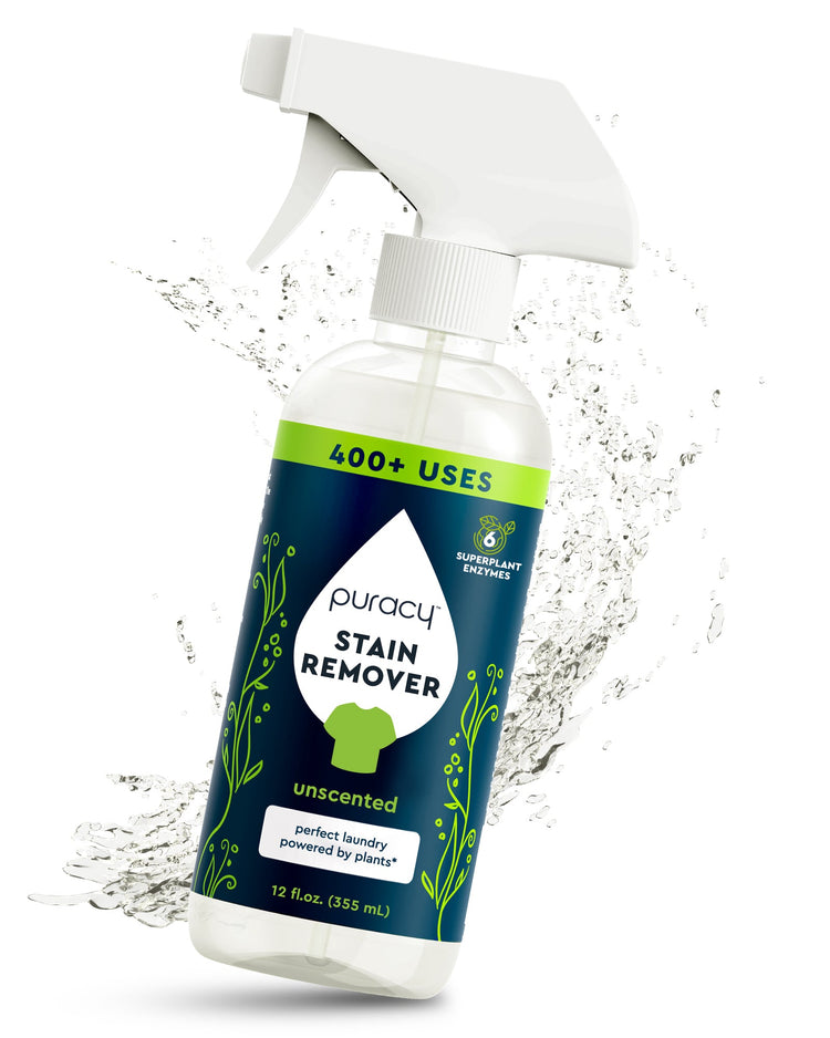 Puracy unscented laundry stain remover bottle showing stain removal for clothes in a home laundry setting.