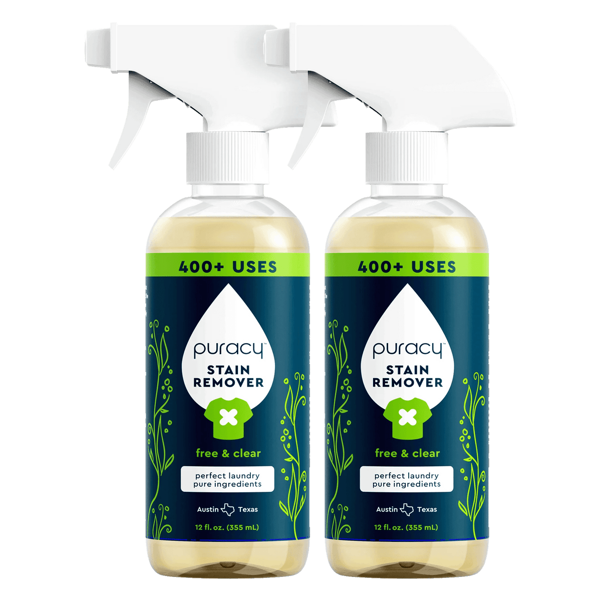 Puracy unscented laundry stain remover bottle showing label and applicator tip for removing tough stains from clothes.