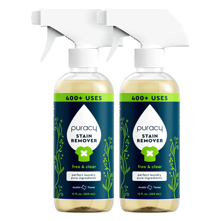 Puracy unscented laundry stain remover bottle showing label and applicator tip for removing tough stains from clothes.