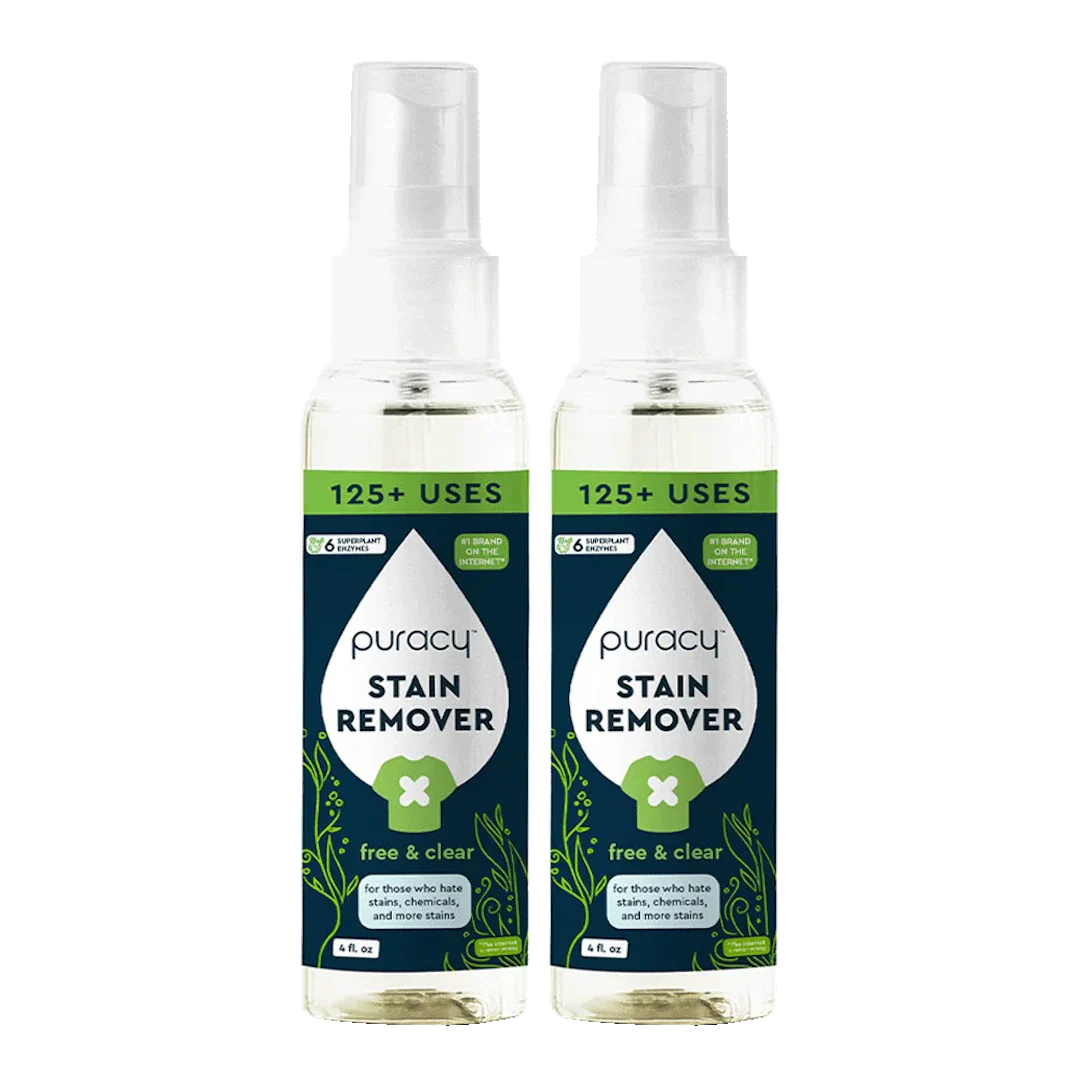 Puracy unscented laundry stain remover bottle showing stain removal effectiveness on fabric
