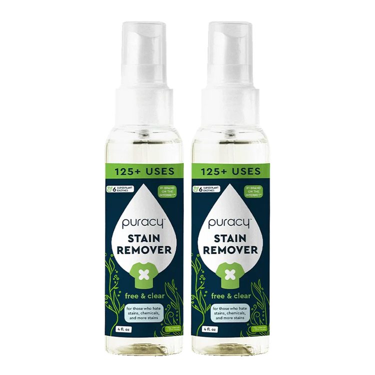 Puracy unscented laundry stain remover bottle showing stain removal effectiveness on fabric