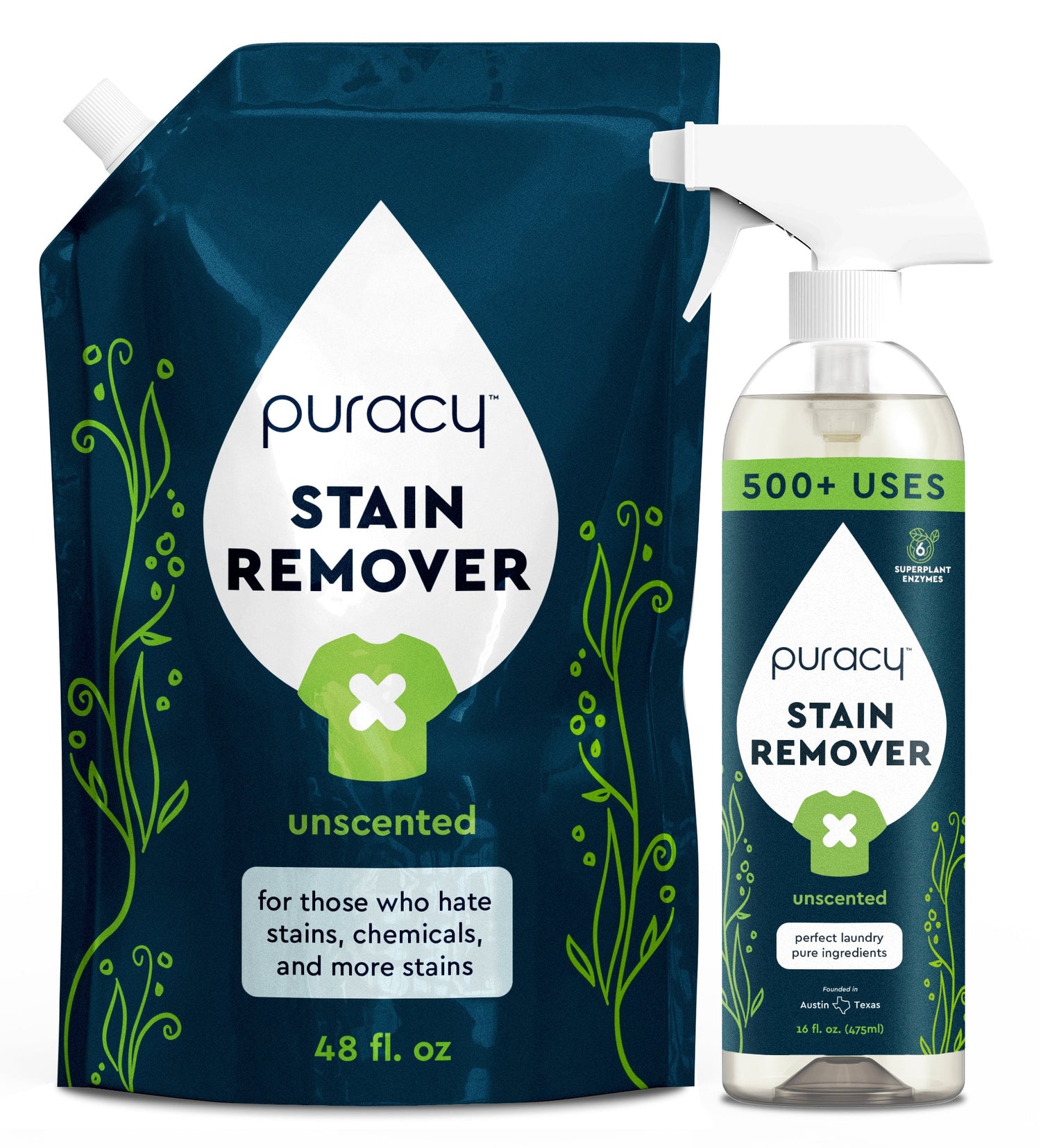 Puracy unscented laundry stain remover bottle showing stain removal application on fabric