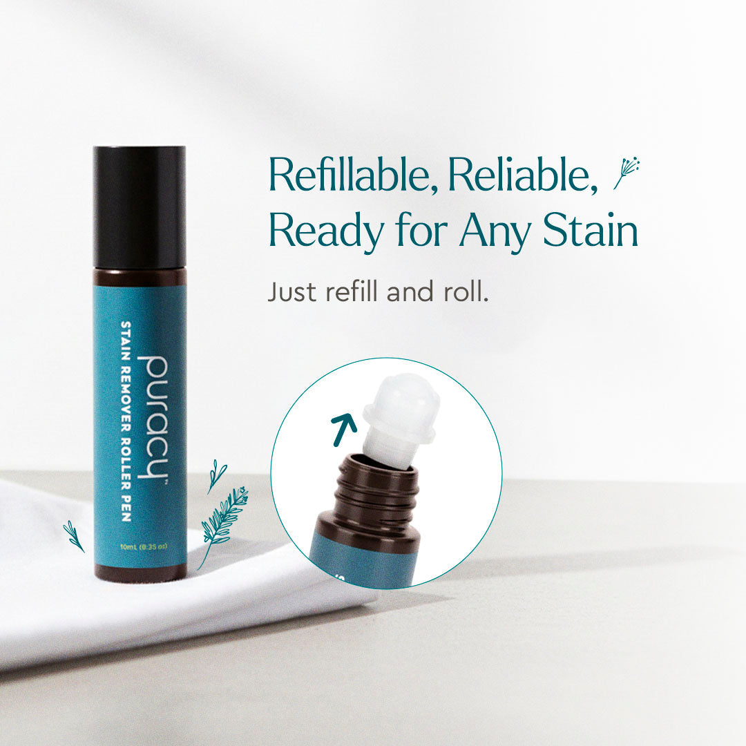 Puracy unscented laundry stain remover bottle showing stain removal application on fabric in a natural setting