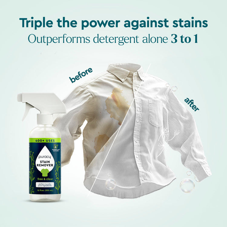 Puracy unscented laundry stain remover bottle showing stain removal on fabric for effective fabric cleaning.