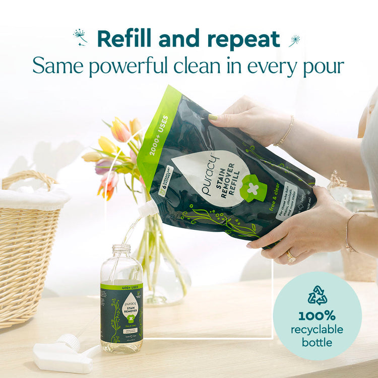 Puracy unscented laundry stain remover bottle, effective stain remover for clothes and fabrics in a travel-sized container.
