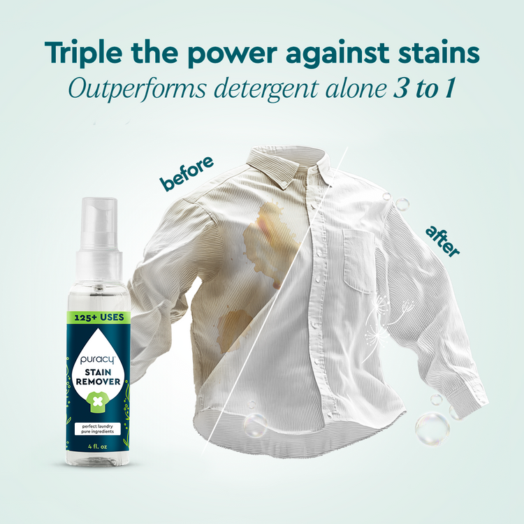 Puracy unscented laundry stain remover bottle showing stain removal solution for clothing and fabrics.