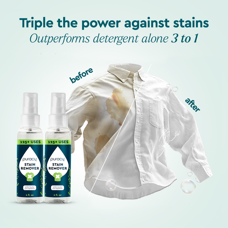 Puracy unscented laundry stain remover bottle showing stain removal action on fabric in a natural setting