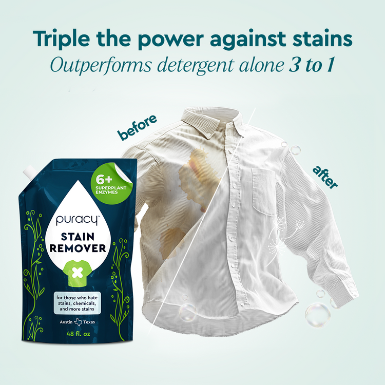 Puracy unscented laundry stain remover bottle with stain removal brush for effective cleaning on fabric stains.