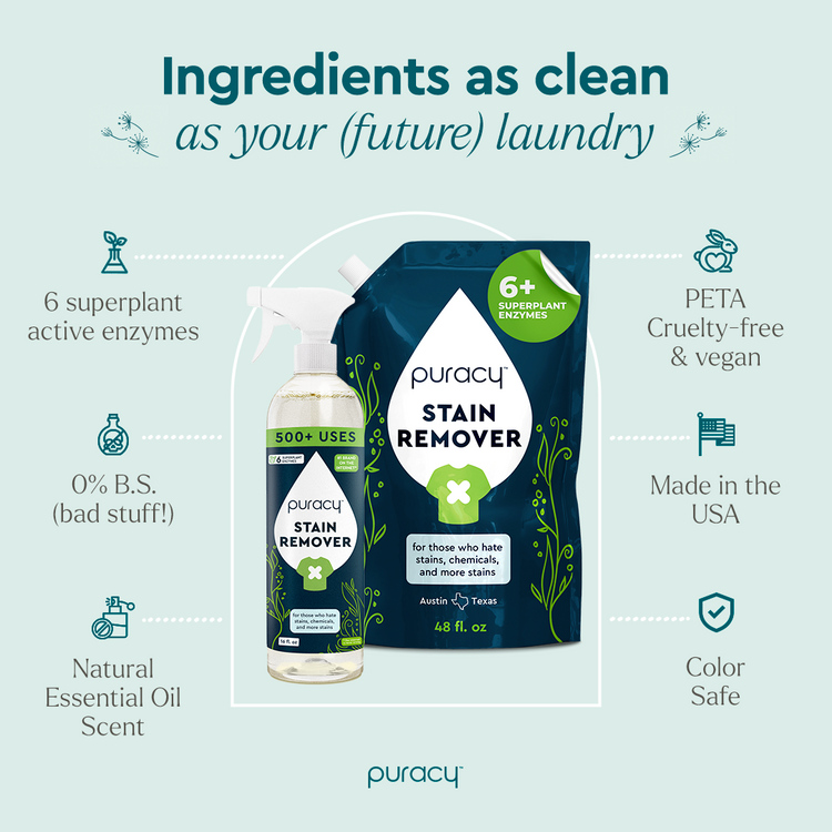 Puracy unscented laundry stain remover bottle showing stain removal for clothing and fabrics.
