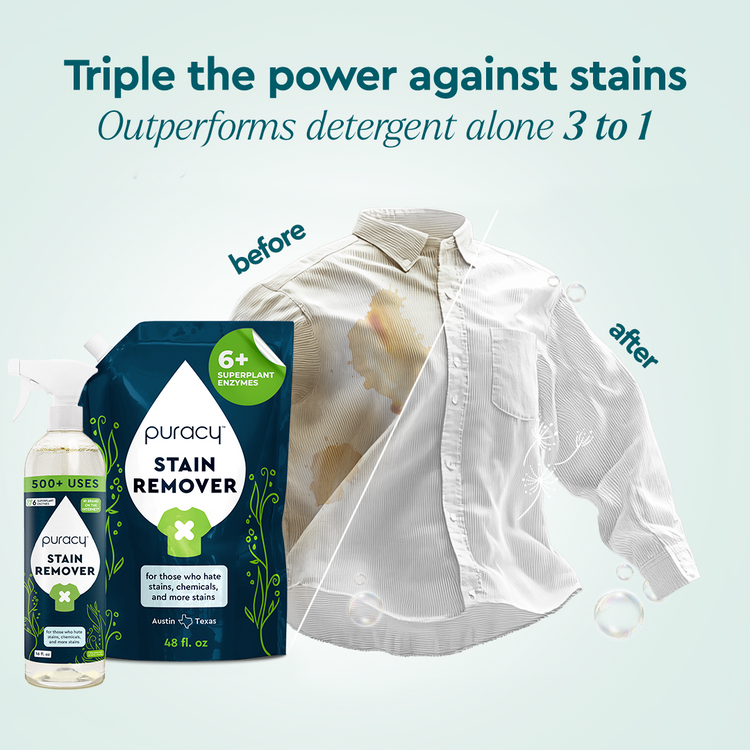 Puracy unscented laundry stain remover bottle, natural stain remover for clothes, close-up of the Puracy brand label.