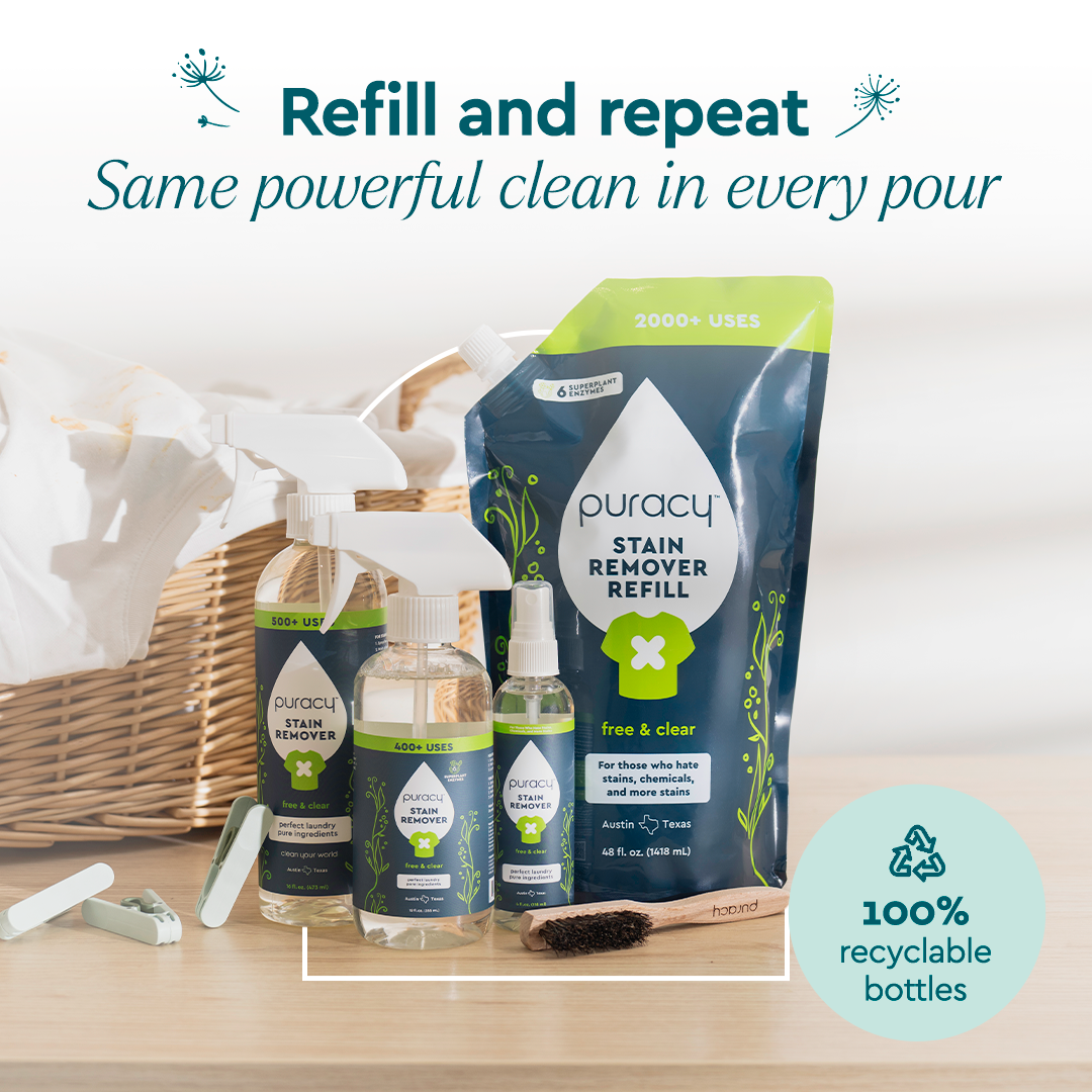 Puracy unscented laundry stain remover bottle showing stain removal action on fabric in a close-up shot.