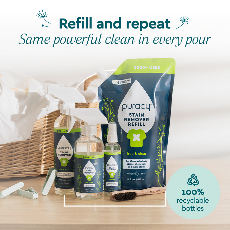 Puracy unscented laundry stain remover bottle showing stain removal action on fabric in a close-up shot.