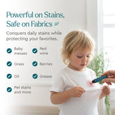 Puracy unscented laundry stain remover bottle, effective stain remover for clothes, close-up of label on white background