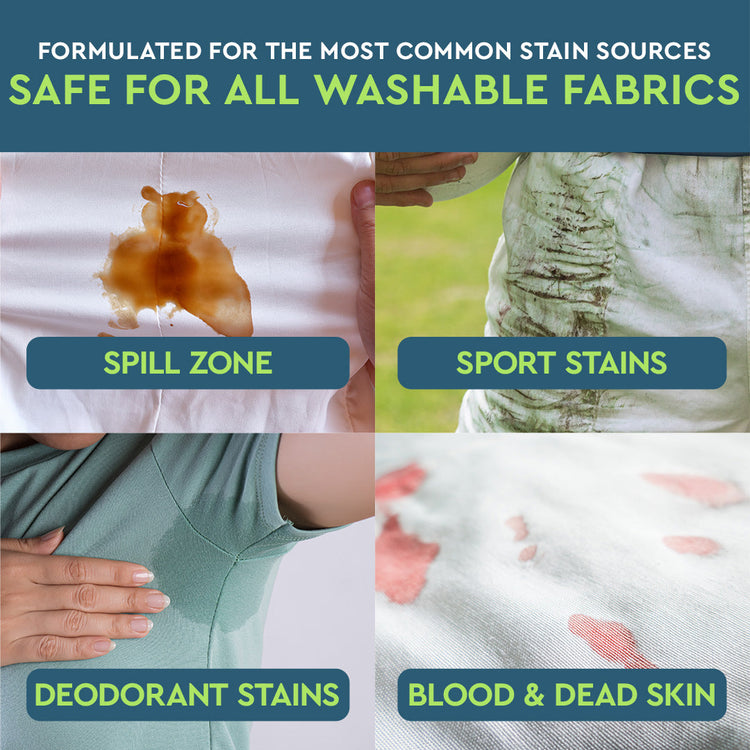 Puracy unscented laundry stain remover bottle showing stain removal application on fabric, designed for effective stain treatment.