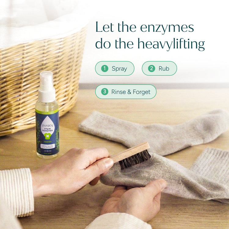 Puracy unscented laundry stain remover bottle, versatile stain remover for removing tough stains from clothes and fabrics.