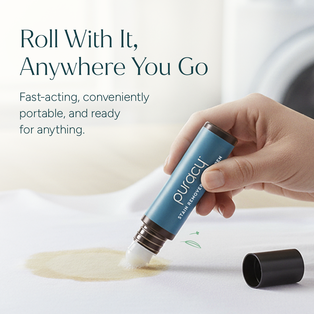 Puracy unscented laundry stain remover bottle with stain removal brush for effective cleaning of fabric stains.