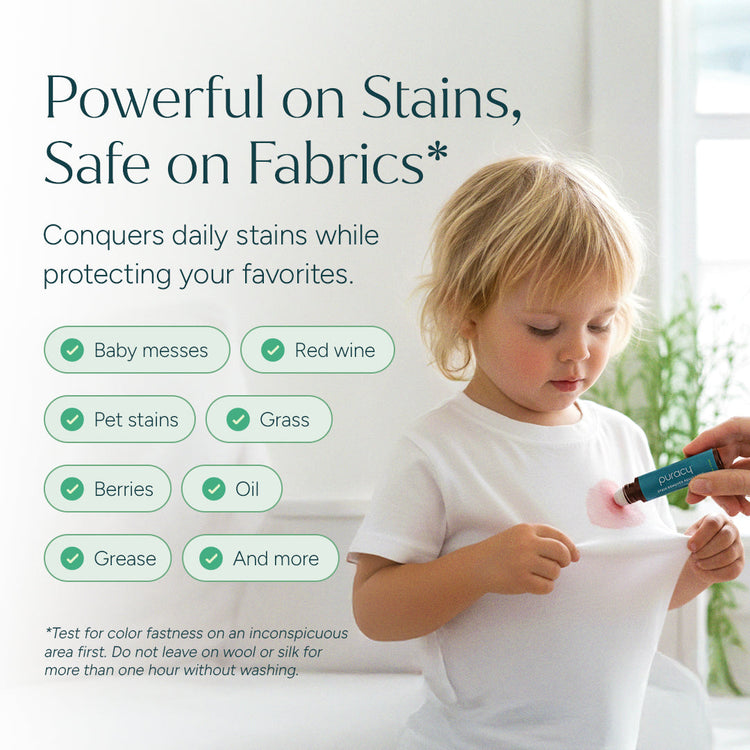 Puracy unscented laundry stain remover bottle, effective stain remover for clothes and fabrics, close-up view.