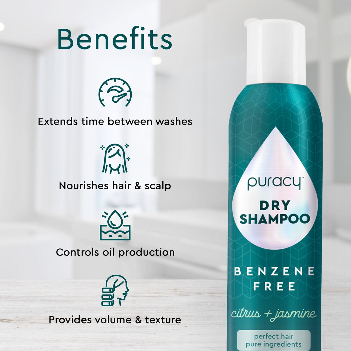 Puracy dry shampoo bottle, benzene and silicone-free, color-safe formula, suitable for refreshing hair without washing.