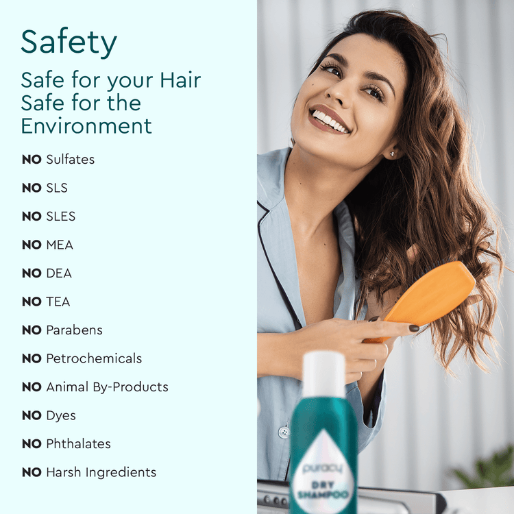 Puracy dry shampoo bottle, benzene and silicone-free, color-safe formula, designed for quick hair refresh and volume.