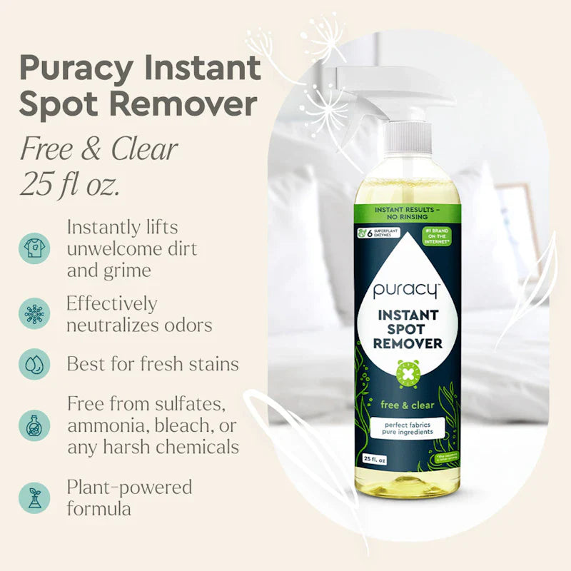Unopened bottle of Puracy Instant Spot Remover, unscented stain removal spray in clear plastic bottle with blue cap.