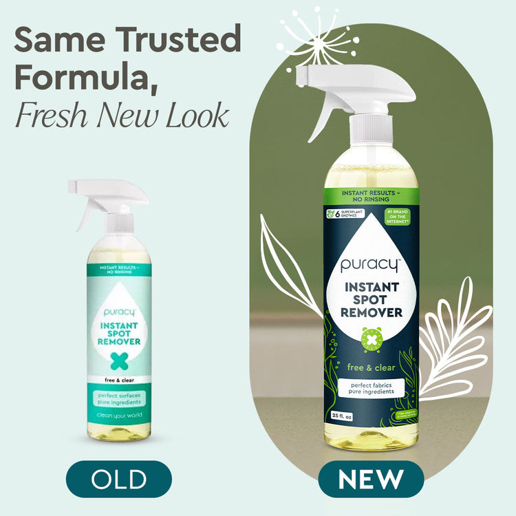 Puracy Unscented Instant Spot Remover bottle with label, designed for quick stain removal on fabric and surfaces.