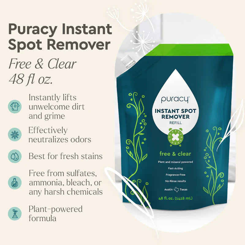 Puracy Unscented Instant Spot Remover bottle with label, designed for removing stains from fabrics and upholstery.