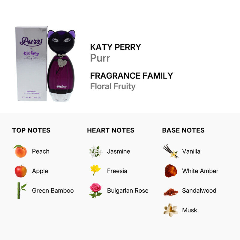 Katy Perry Purr Eau de Parfum spray for women in 3.4oz bottle, featuring floral and fruity notes in a stylish perfume bottle.