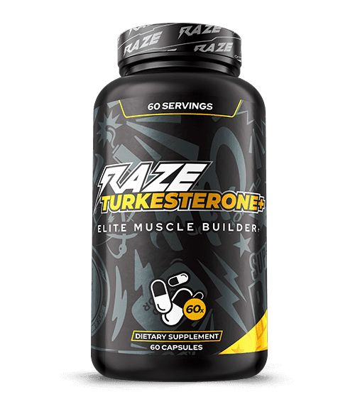 Front view of Repp Sports Raze Turkesterone Elite Muscle Builder bottle with 60 capsules, a testosterone booster supplement.