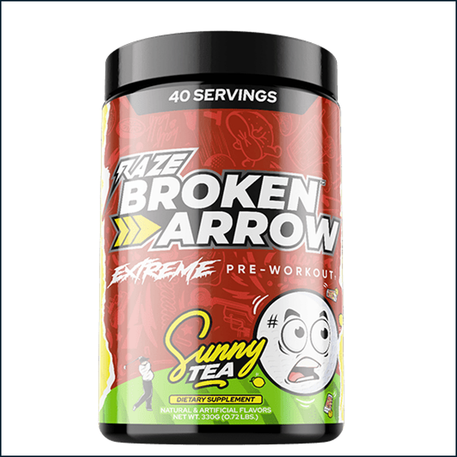 Repp Sports Broken Arrow Elite Pre-Workout powder container with label showing 40 servings, designed for workout energy and focus.