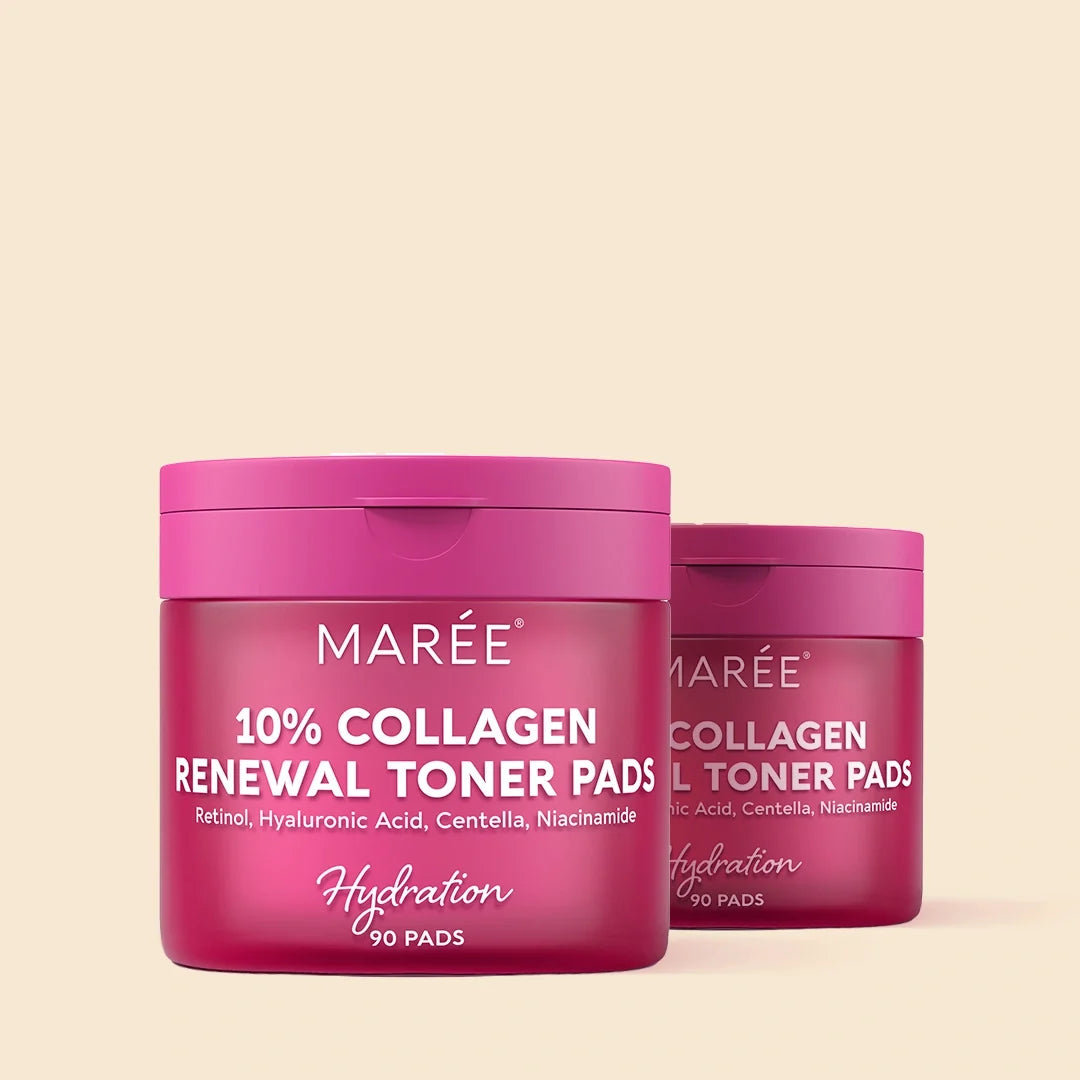 Maree Collagen & Retinol Toner Pads with soft cotton pads featuring retinol and collagen for gentle facial skincare.