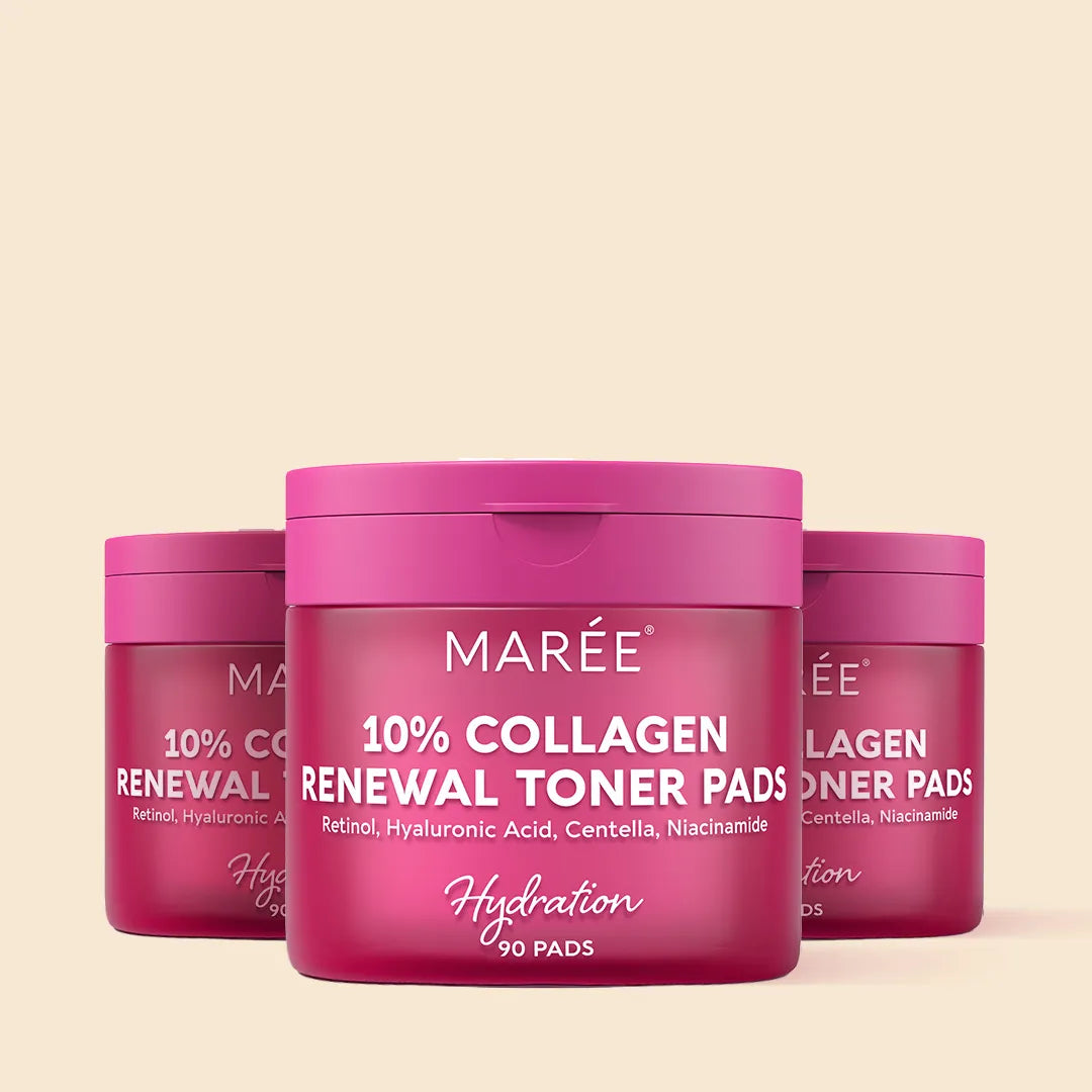 Maree Collagen & Retinol Toner Pads with soothing cotton pads soaked in rejuvenating toner for skin hydration and renewal.
