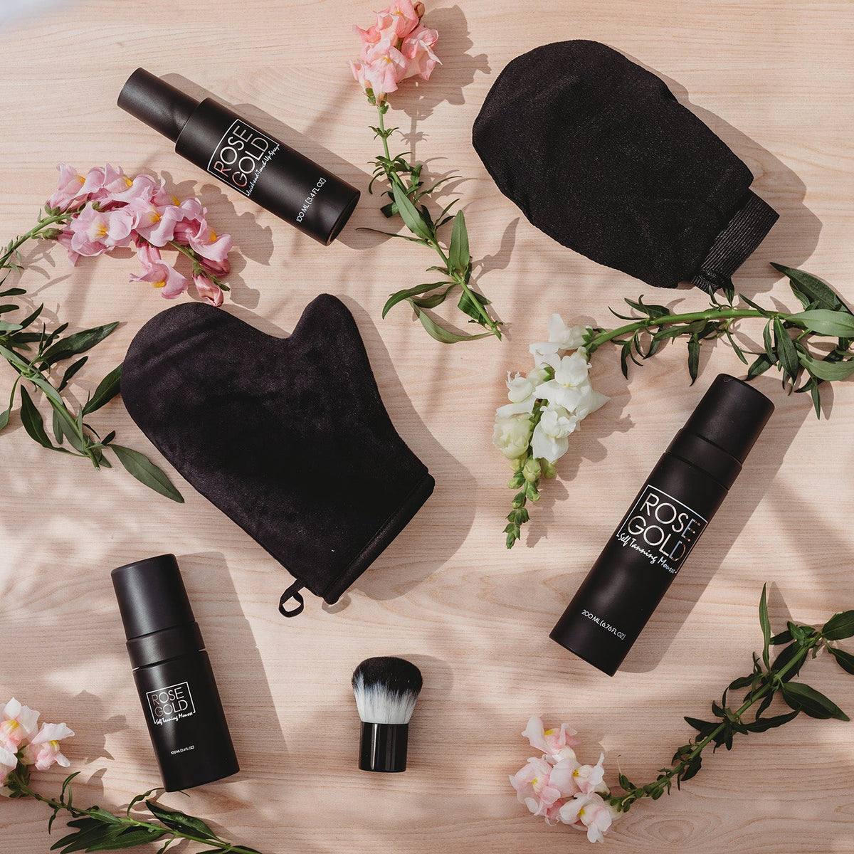Rose Gold Sunless Face & Body Self Tanning Bundle, Complete Glow Collection with self-tanning products for a natural bronzed look.