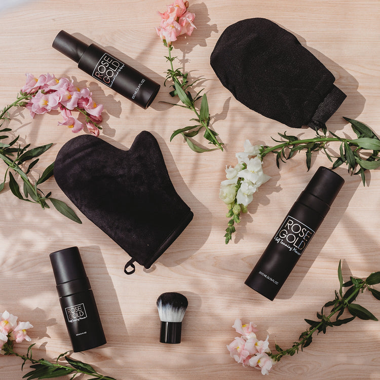 Rose Gold Sunless Face & Body Self Tanning Bundle, Complete Glow Collection with self-tanning products for a natural bronzed look.
