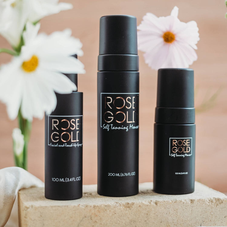 Rose Gold Sunless Face & Body Self Tanning Bundle with complete glow collection, showcasing all products in the tanning set.