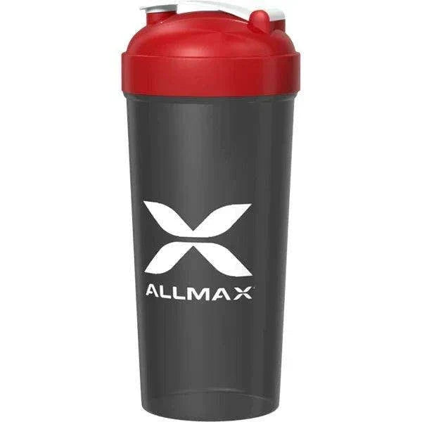 25oz AllMax shaker bottle by PoorBoySupplements.com, with a sleek design and measuring markings for mixing supplements.