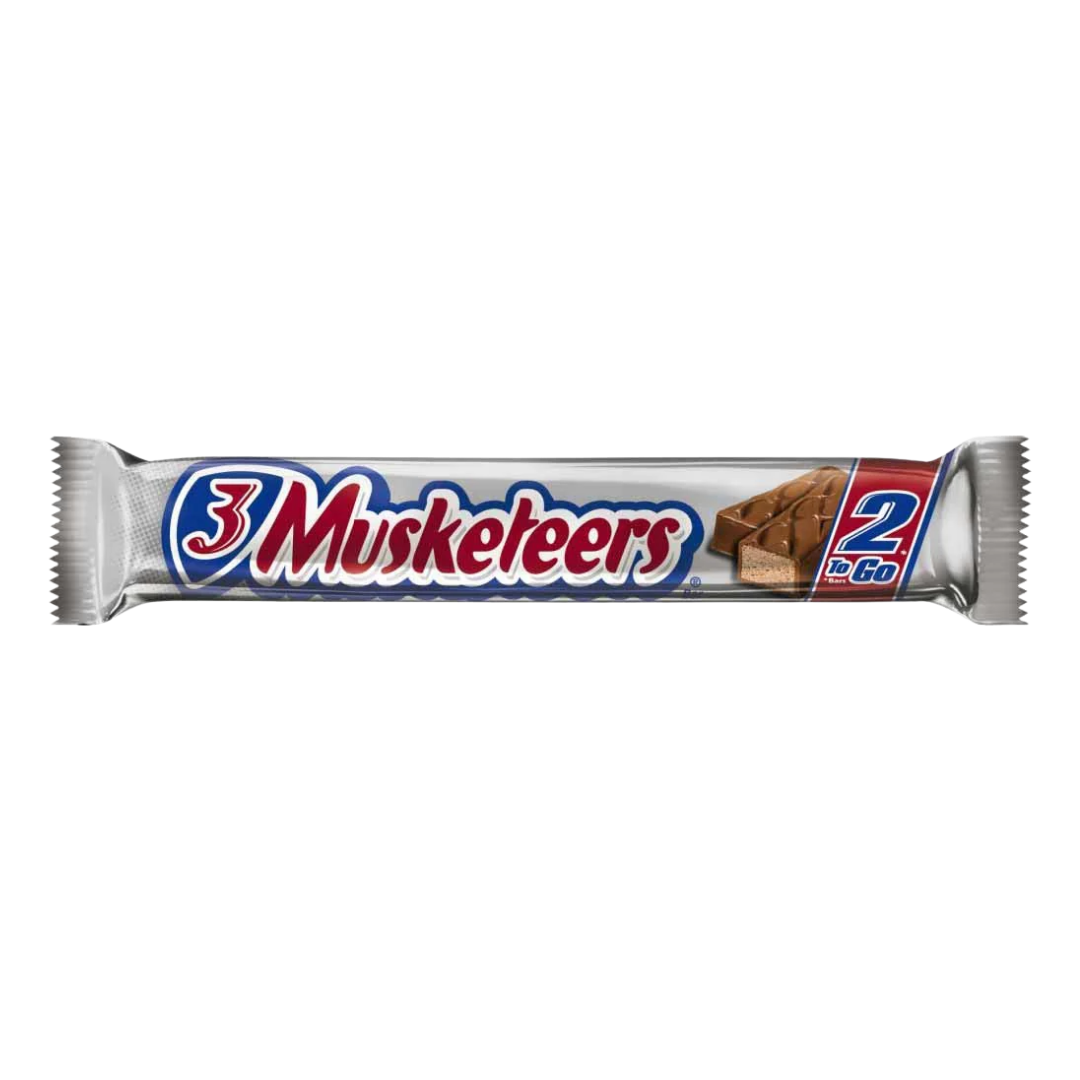 Farmacias Savia 3 Musketeers share size chocolate bar, 2.64 oz, with creamy nougat and milk chocolate coating in a shareable package.