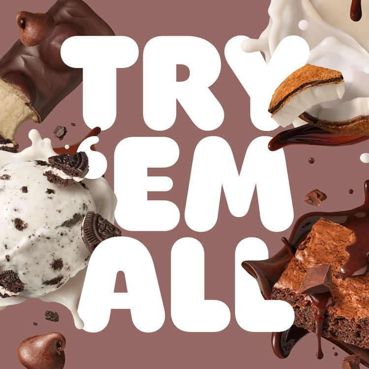Stack of BUILT Brownie Batter Puffs showing six different flavors with a soft, airy puff texture and rich brownie batter flavor.
