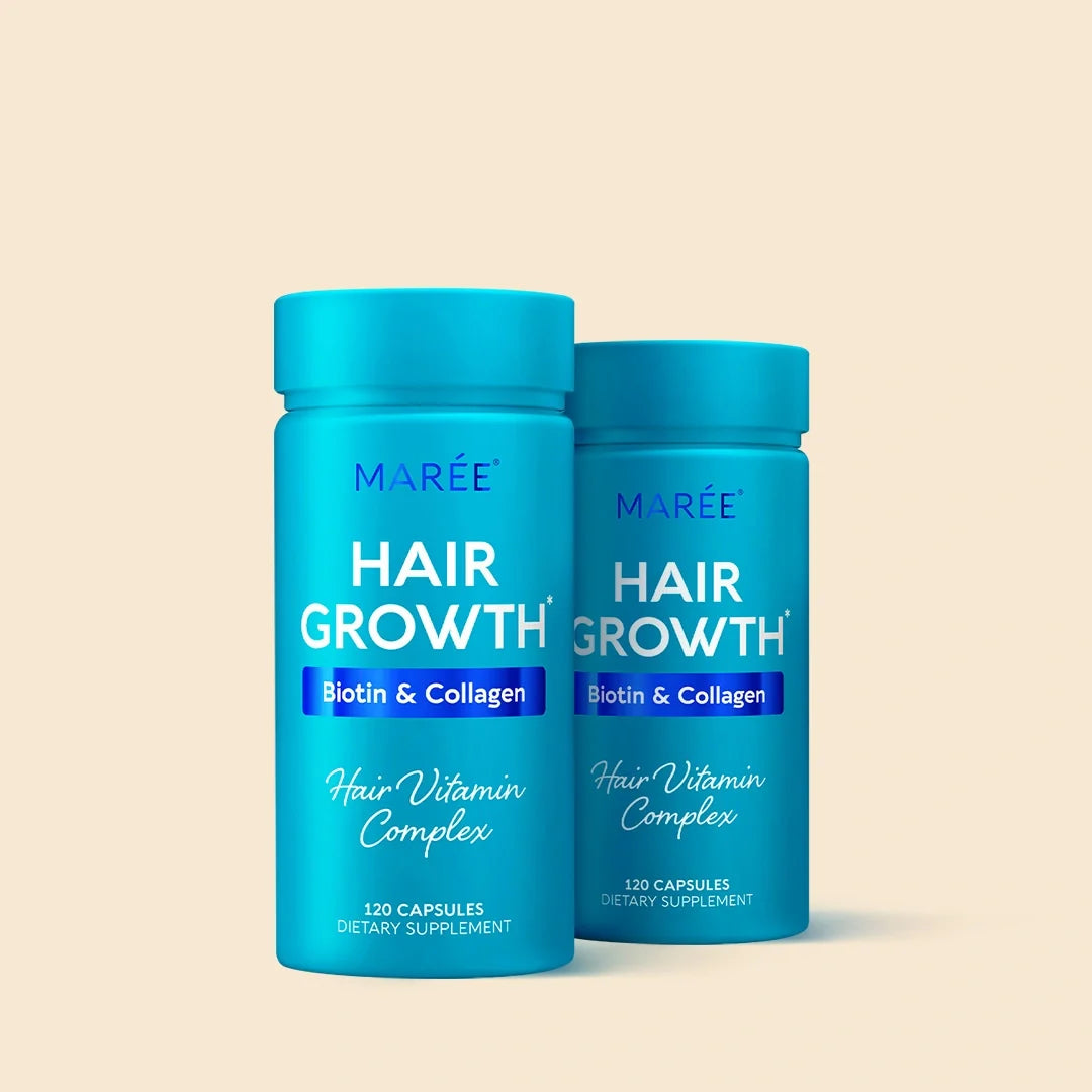 Maree Biotin & Collagen Hair Growth Complex supplement capsules in a bottle, designed to support healthy hair growth.