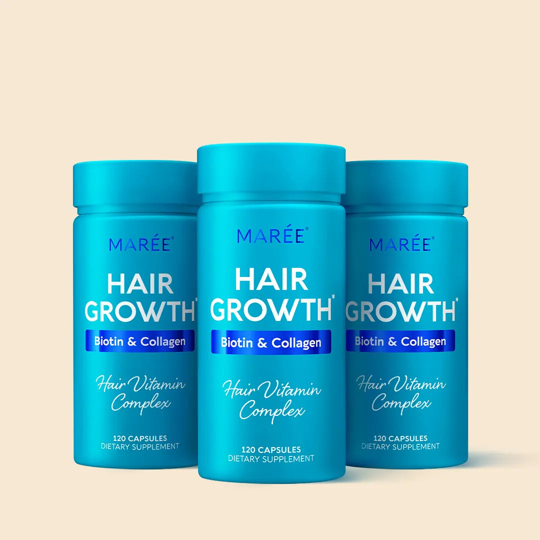 Maree Biotin & Collagen Hair Growth Complex supplement bottle with capsules, designed to support healthy hair growth.