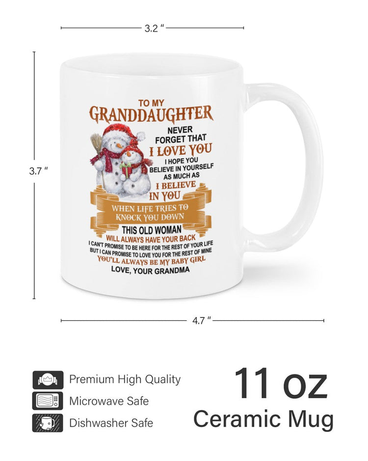 11oz ceramic mug featuring a heartfelt message for granddaughter, designed by TEELUVS.COM as a gift from grandma.