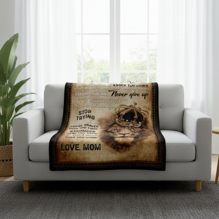 Fleece gift blanket for son with "To My Dear Son – A Gentle Hug from Mom" message, 30x40 inches, soft and cozy.