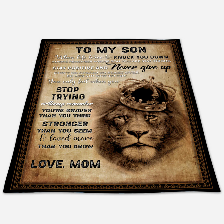 Fleece gift blanket for son with heartfelt message, soft fabric, 30x40 inches, from TEELUVS.COM, perfect for a gentle hug from mom.