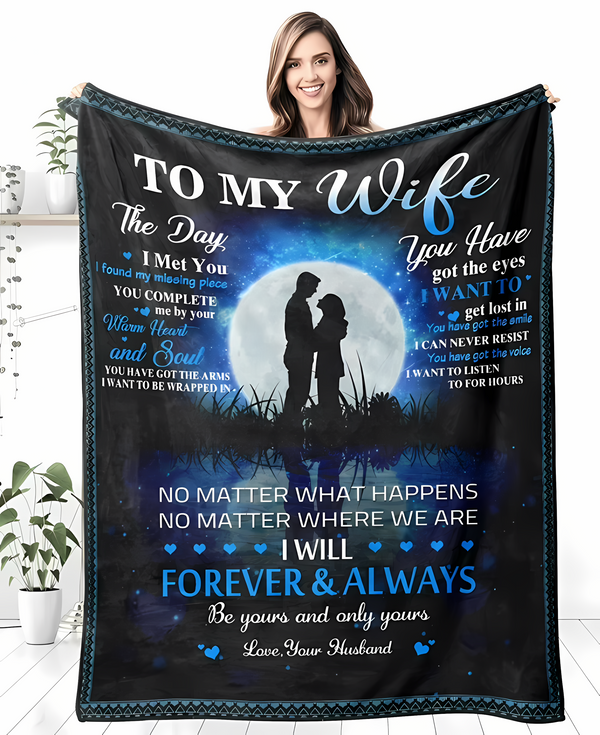 Fleece blanket for wife from husband, cozy 30x40-inch gift for comfort and warmth, in soft fabric with decorative edges.