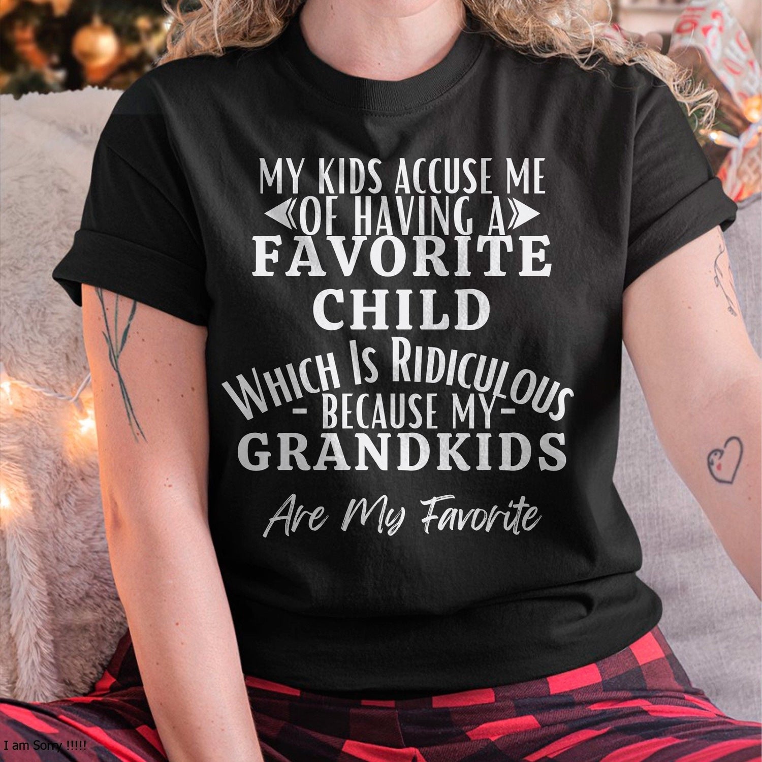 Black TEELUVS US 00 t-shirt with humorous "My kids accuse me of having a favorite child" graphic, perfect for grandmas.
